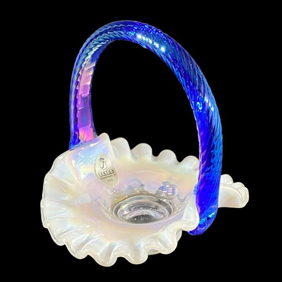 Vintage Fenton Mini Basket Grape & Vine Ruffled Opalescent w/Iridescent Handle - Picture 2 of 14